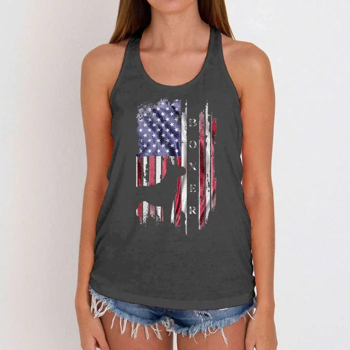 Vintage USA American Flag Boxer Dog Lover Silhouette Women's Knotted Racerback Tank