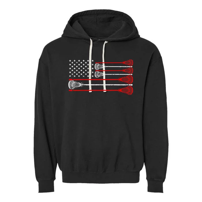 Vintage Usa American Flag Lacrosse Player Lover Patriotic Garment-Dyed Fleece Hoodie