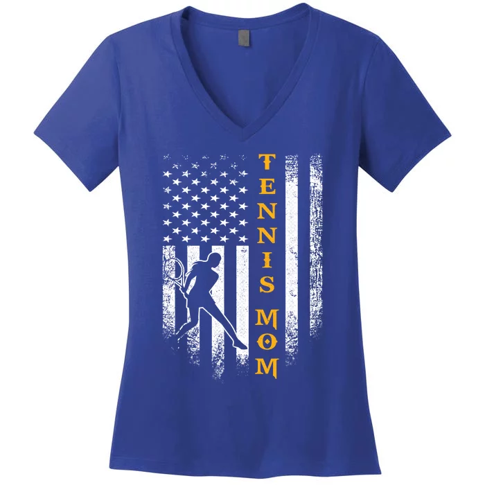 Vintage Usa American Flag Proud Tennis Mom Silhouette Funny Cute Gift Women's V-Neck T-Shirt