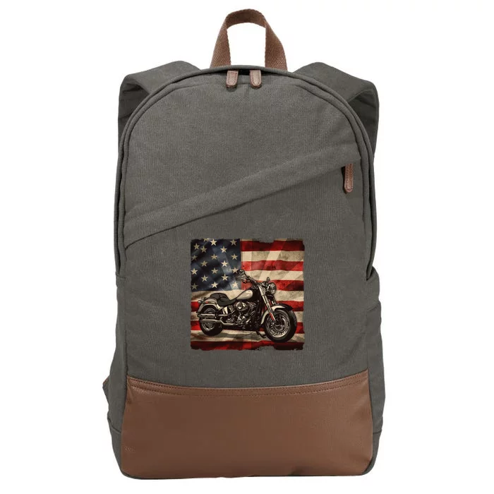 Vintage USA American Flag Motorcycle Biker Cotton Canvas Backpack