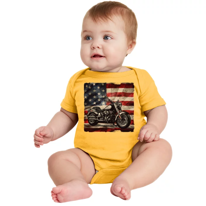 Vintage USA American Flag Motorcycle Biker Baby Bodysuit