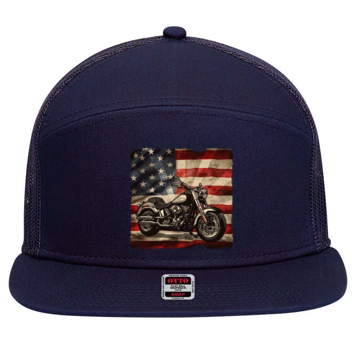 Vintage USA American Flag Motorcycle Biker 7 Panel Mesh Trucker Snapback Hat