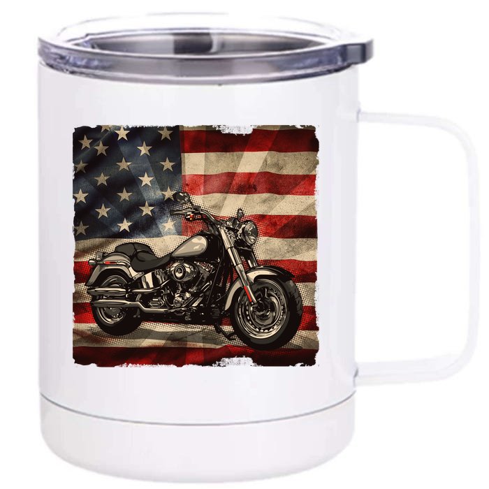 Vintage USA American Flag Motorcycle Biker Front & Back 12oz Stainless Steel Tumbler Cup