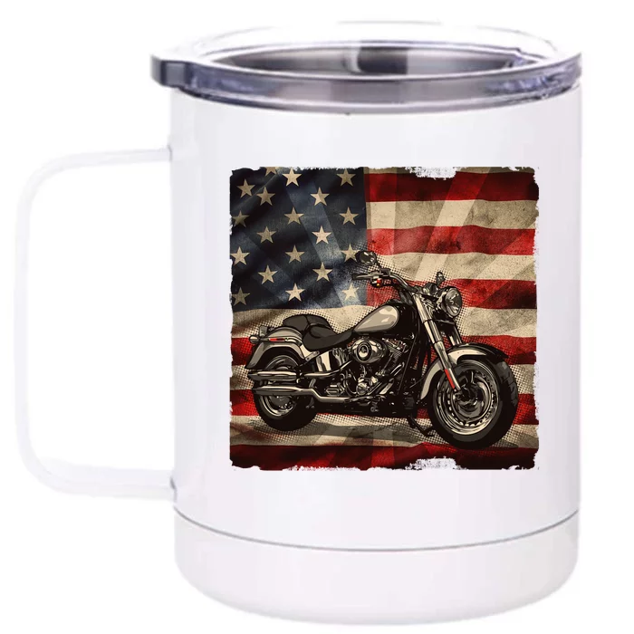 Vintage USA American Flag Motorcycle Biker Front & Back 12oz Stainless Steel Tumbler Cup