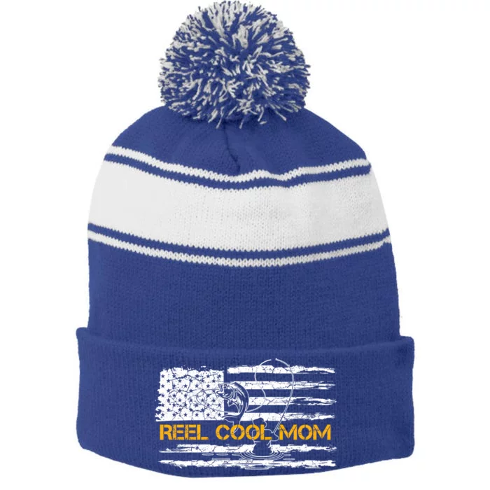 Vintage Usa American Flag Reel Cool Mom Funny Fish Fishing Cute Gift Stripe Pom Pom Beanie