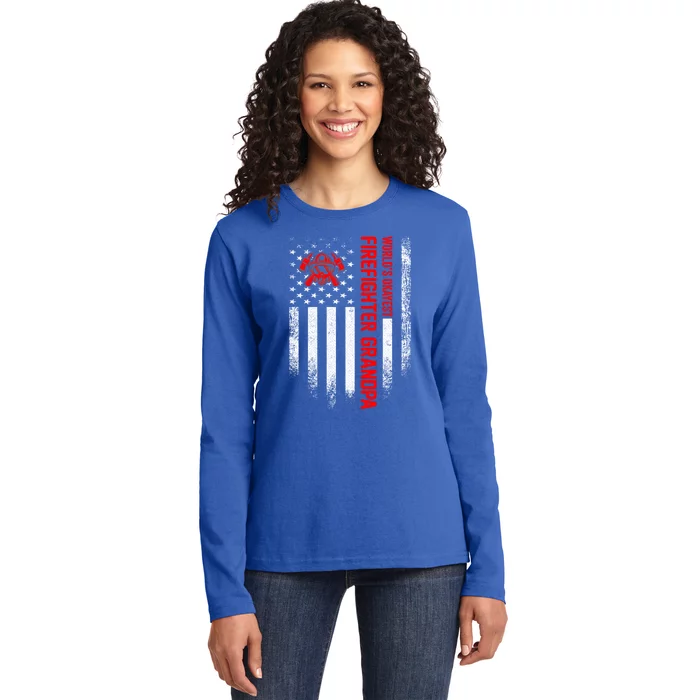 Vintage Us American Flag Worlds Okayest Firefighter Grandpa Gift Ladies Long Sleeve Shirt