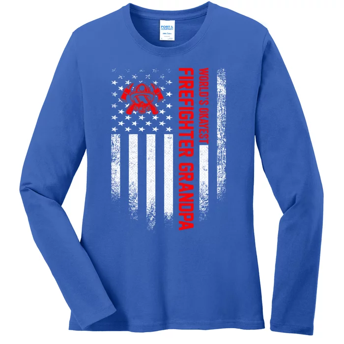 Vintage Us American Flag Worlds Okayest Firefighter Grandpa Gift Ladies Long Sleeve Shirt