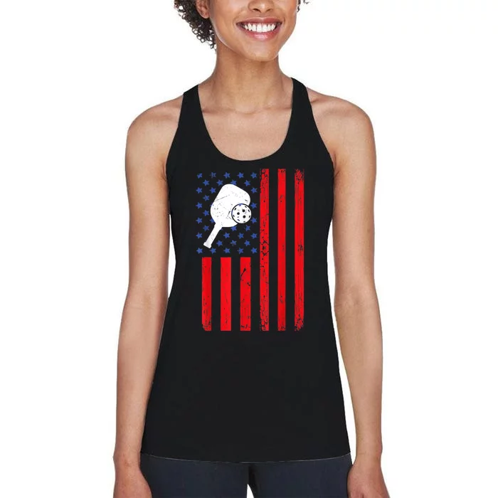 Vintage US American Flag Pickleball Player Paddleball Lover Women's Racerback Tank