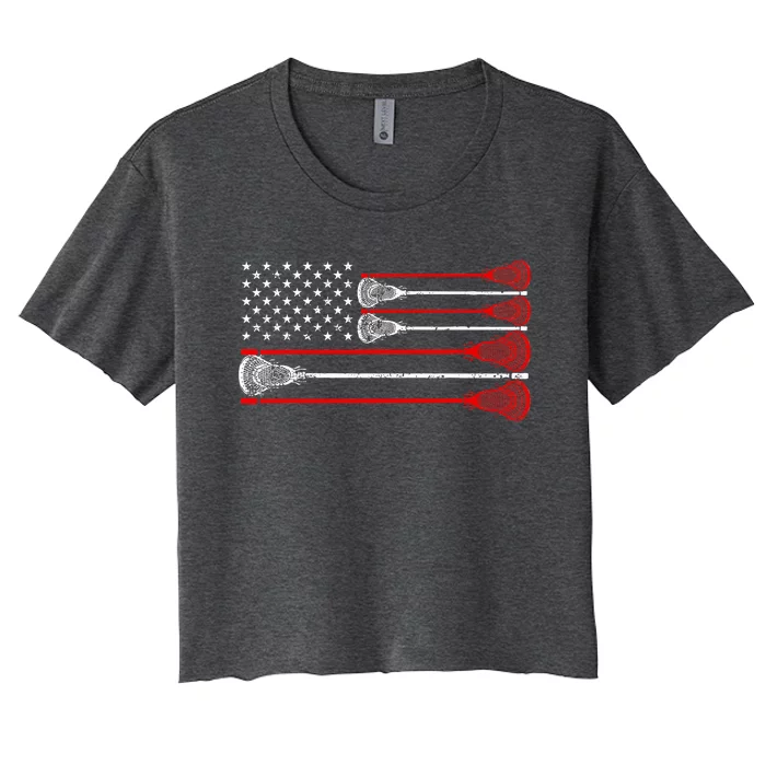 Vintage Usa American Flag Lacrosse Player Women's Crop Top Tee