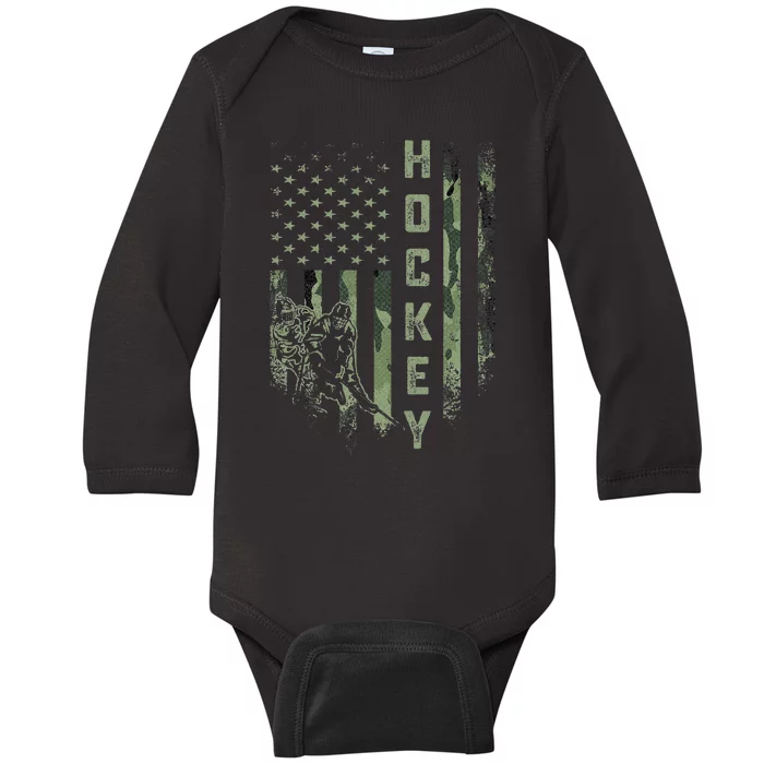 Vintage USA American Camo Flag Hockey Player Baby Long Sleeve Bodysuit