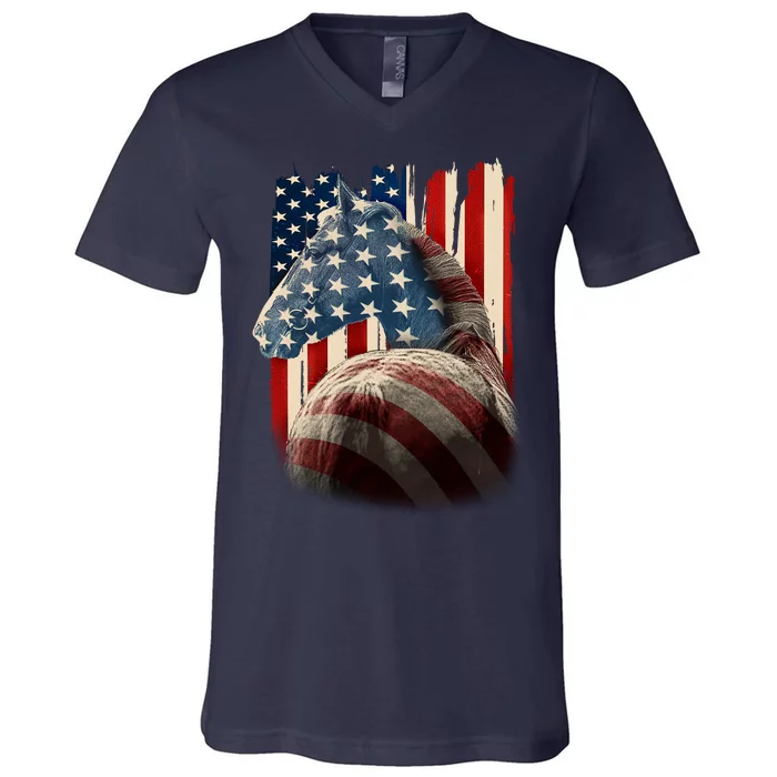 Vintage USA American Flag Horse V-Neck T-Shirt