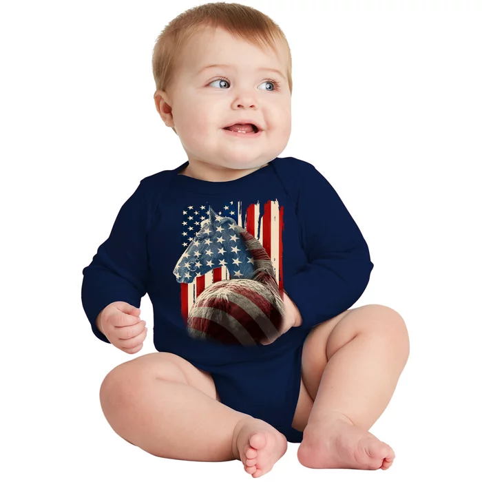 Vintage USA American Flag Horse Baby Long Sleeve Bodysuit