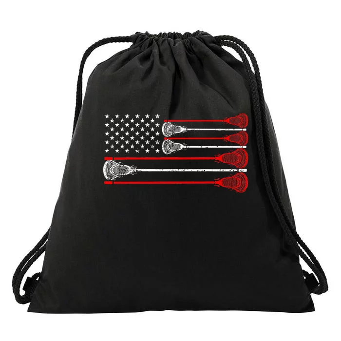 Vintage Usa American Flag Lacrosse Player Lover Drawstring Bag