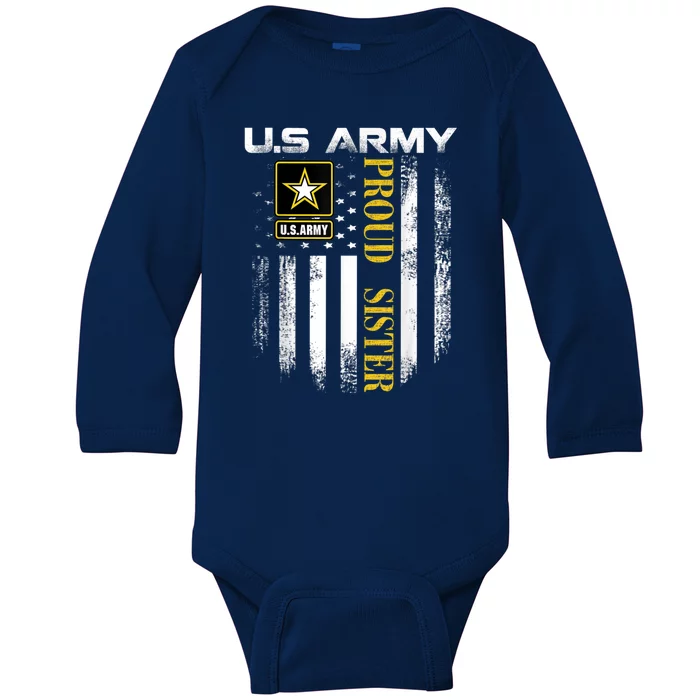 Vintage U.s. Army Proud Sister With American Flag Baby Long Sleeve Bodysuit