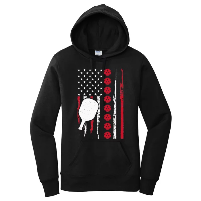 Vintage US American Flag Pickleball Player Paddleball Lover Women's Pullover Hoodie