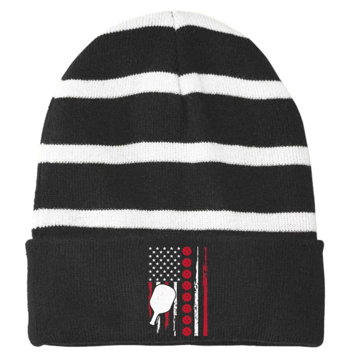 Vintage US American Flag Pickleball Player Paddleball Lover Striped Beanie with Solid Band