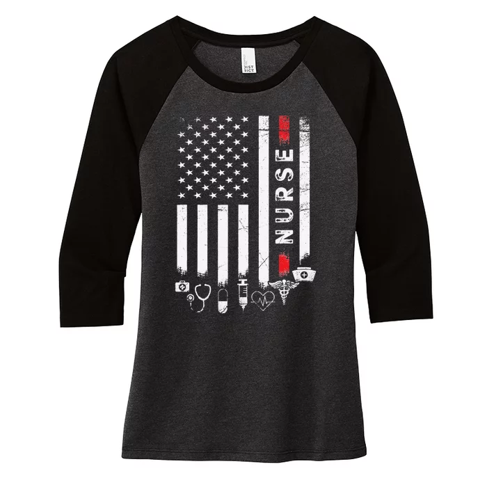 Vintage USA American Flag VA Nurse Patriotic Funny Nurse Day Women's Tri-Blend 3/4-Sleeve Raglan Shirt