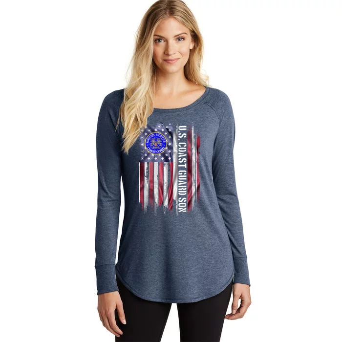 Vintage Usa American Flag Proud Us Coast Guard Veteran Son Cute Gift Women's Perfect Tri Tunic Long Sleeve Shirt