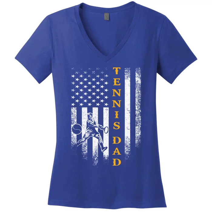 Vintage Usa American Flag Proud Tennis Dad Silhouette Funny Gift Women's V-Neck T-Shirt