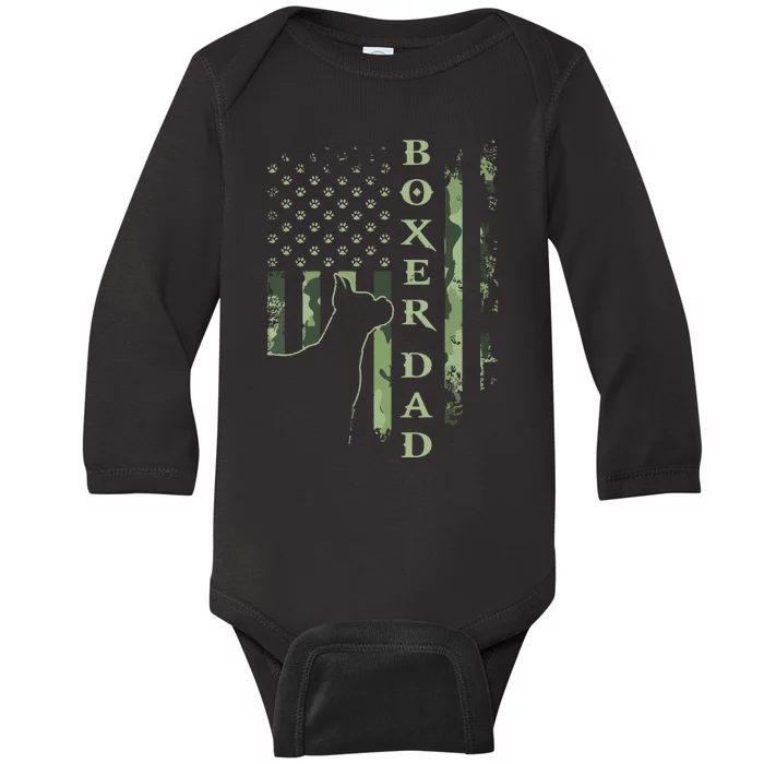 Vintage USA American Camo Flag Proud Boxer Dad Silhouette Baby Long Sleeve Bodysuit