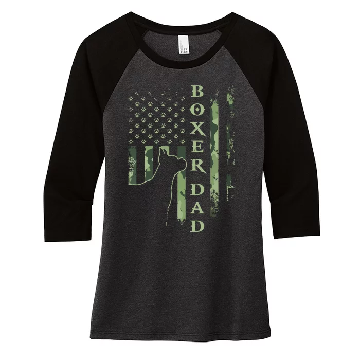 Vintage USA American Camo Flag Proud Boxer Dad Silhouette Women's Tri-Blend 3/4-Sleeve Raglan Shirt