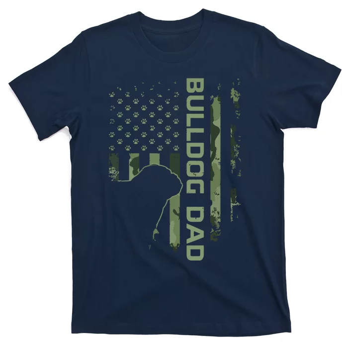 Vintage USA Camo Flag Proud English Bulldog Dad Silhouette T-Shirt