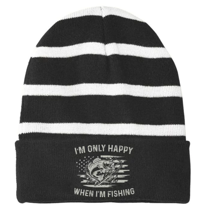 Vintage Usa Flag IM Only Happy When IM Fishing Lover Striped Beanie with Solid Band