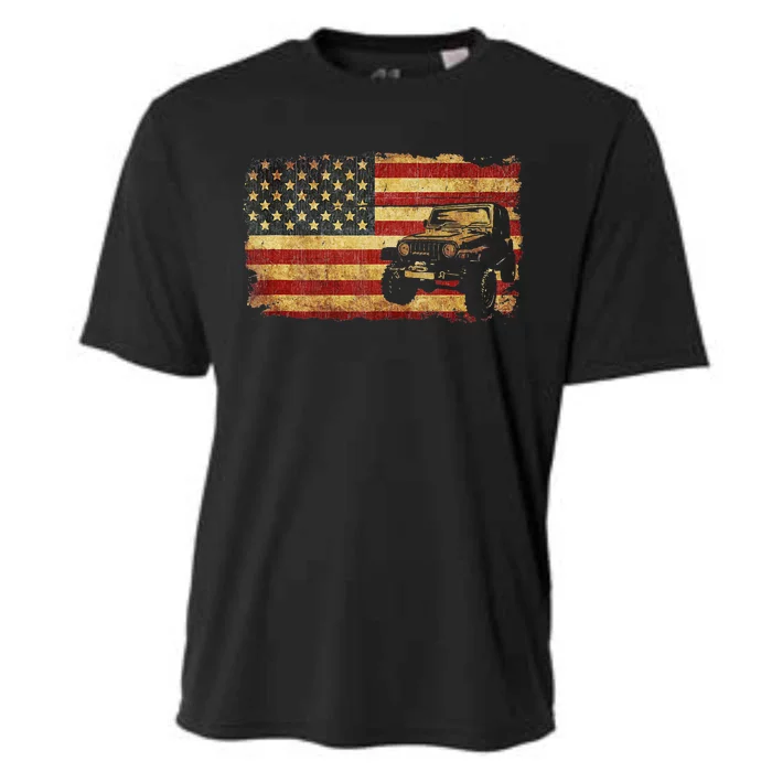 Vintage US Flag Off Road Vehicle 4x4 Off Road Cooling Performance Crew T-Shirt