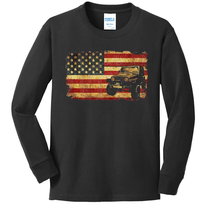 Vintage US Flag Off Road Vehicle 4x4 Off Road Kids Long Sleeve Shirt