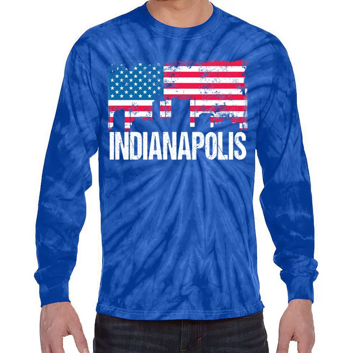 Vintage Us Flag American City Skyline Indianapolis July 4th Gift Tie-Dye Long Sleeve Shirt