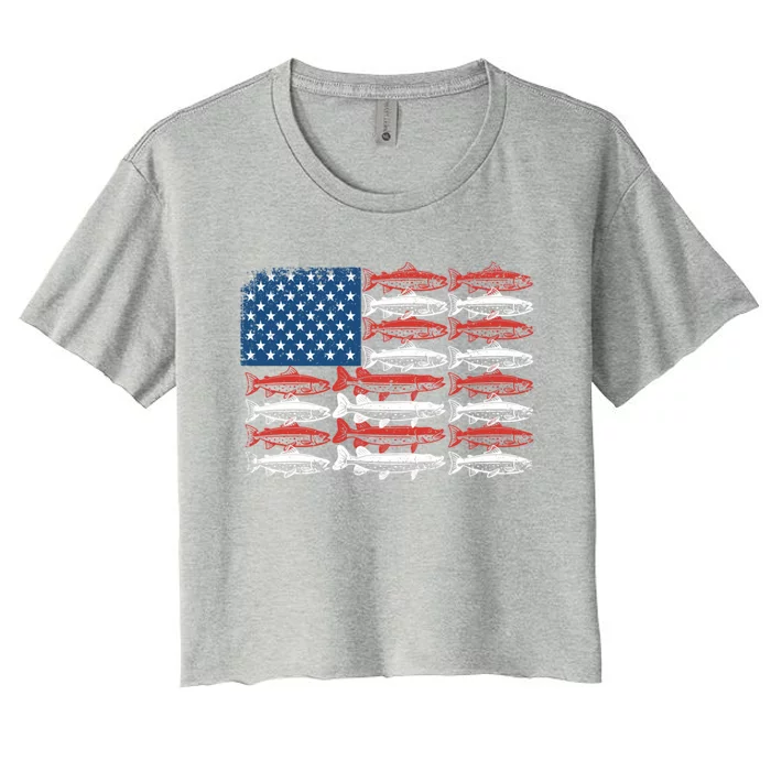 Vintage Usa Fish American Flag Fishing Patriotic Fisher Cool Gift Women's Crop Top Tee