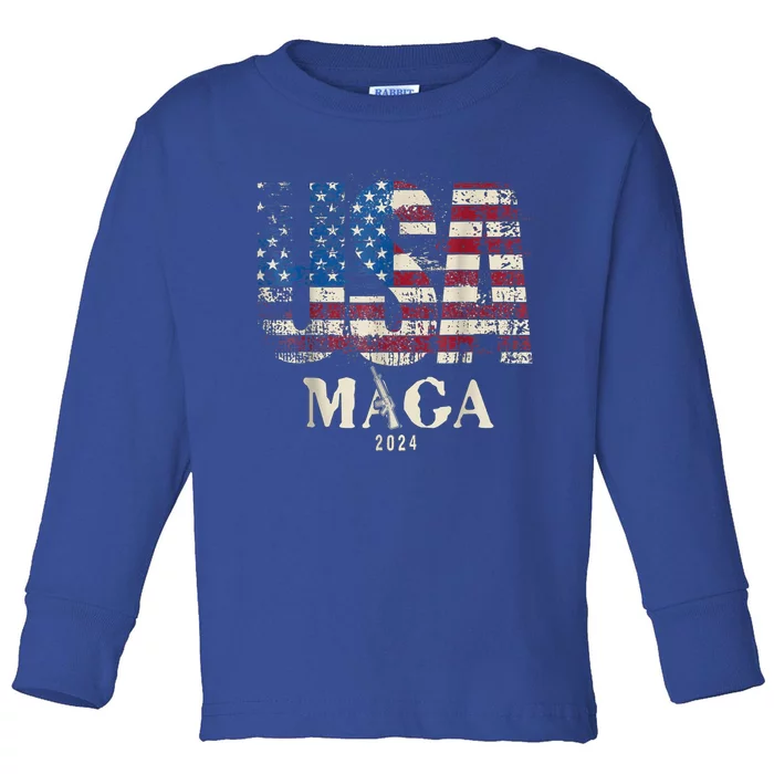 Vintage Usa Flag Ultra Maga Gun Usa 4th Of July Trump 2024 Gift Toddler Long Sleeve Shirt