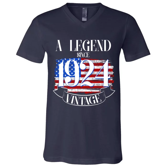 Vintage Usa Flag A Legend Since 1924 100th Birthday V-Neck T-Shirt