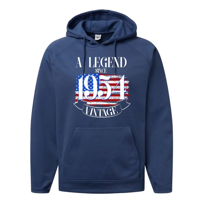 Vintage Usa Flag A Legend Since 1954 70th Birthday Performance Fleece Hoodie