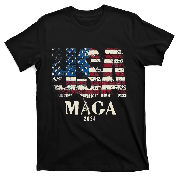 Vintage Usa Flag Ultra Maga Gun Usa Trump 2024 T-Shirt