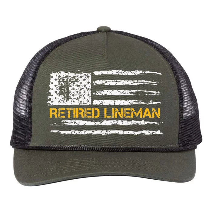 Vintage USA Flag Retired Electric Cable Lineman Retirement Retro Rope Trucker Hat Cap