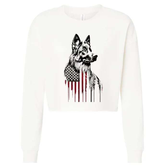 Vintage Usa Flag Dog German Shepherd Cropped Pullover Crew