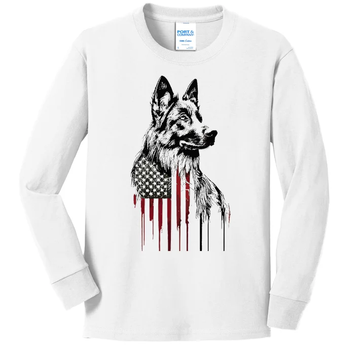 Vintage Usa Flag Dog German Shepherd Kids Long Sleeve Shirt