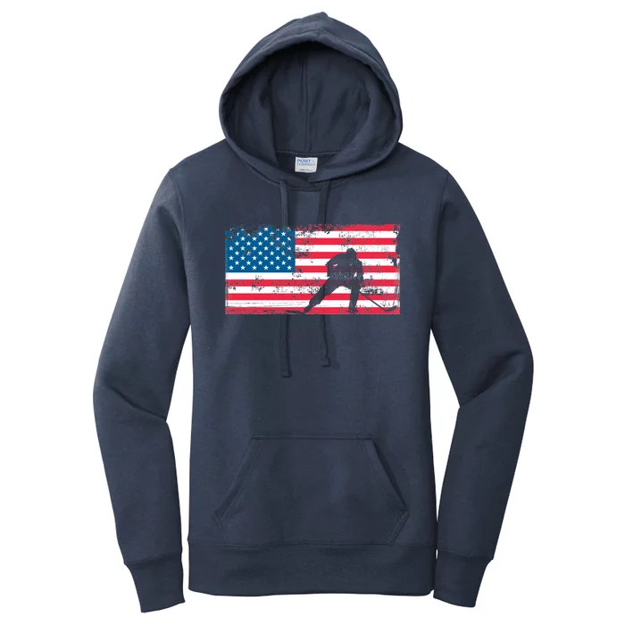 Vintage Us Flag Hockey Player Great Gift American Flag Gift Women's Pullover Hoodie