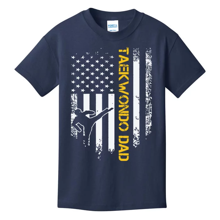 Vintage USA Flag Korea Taekwondo Training Dad Silhouette Kids T-Shirt