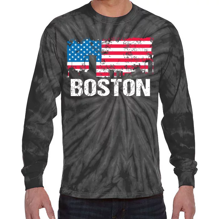 Vintage Us Flag American City Skyline Boston Massachusetts Tie-Dye Long Sleeve Shirt