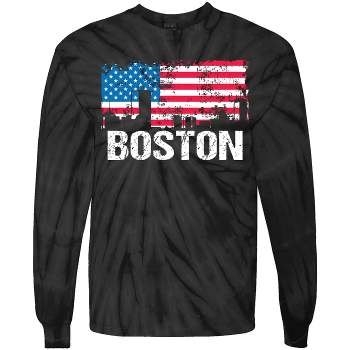 Vintage Us Flag American City Skyline Boston Massachusetts Tie-Dye Long Sleeve Shirt