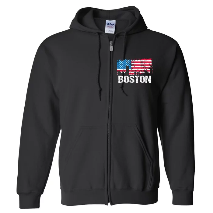 Vintage Us Flag American City Skyline Boston Massachusetts Full Zip Hoodie