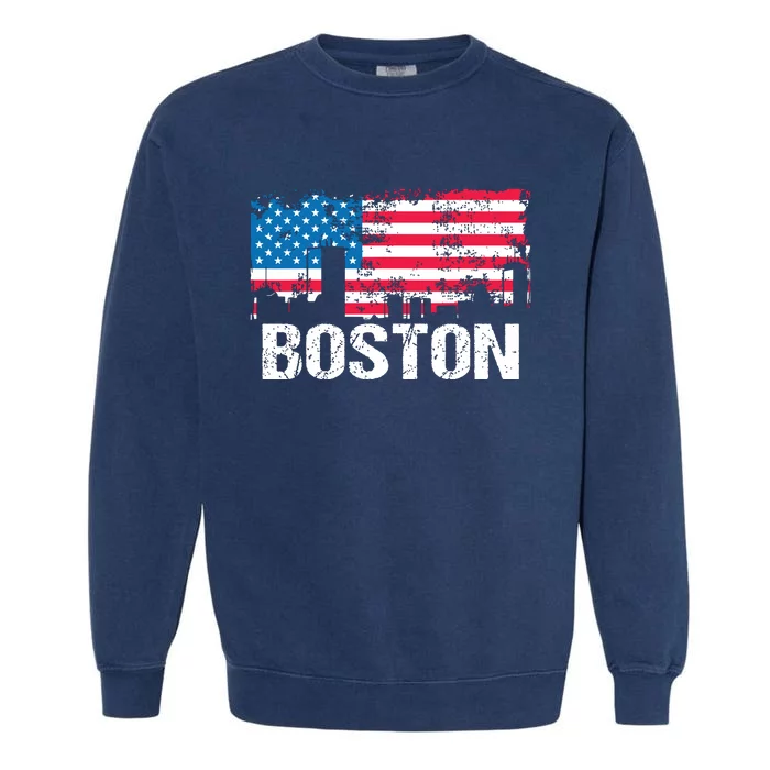 Vintage Us Flag American City Skyline Boston Massachusetts Garment-Dyed Sweatshirt