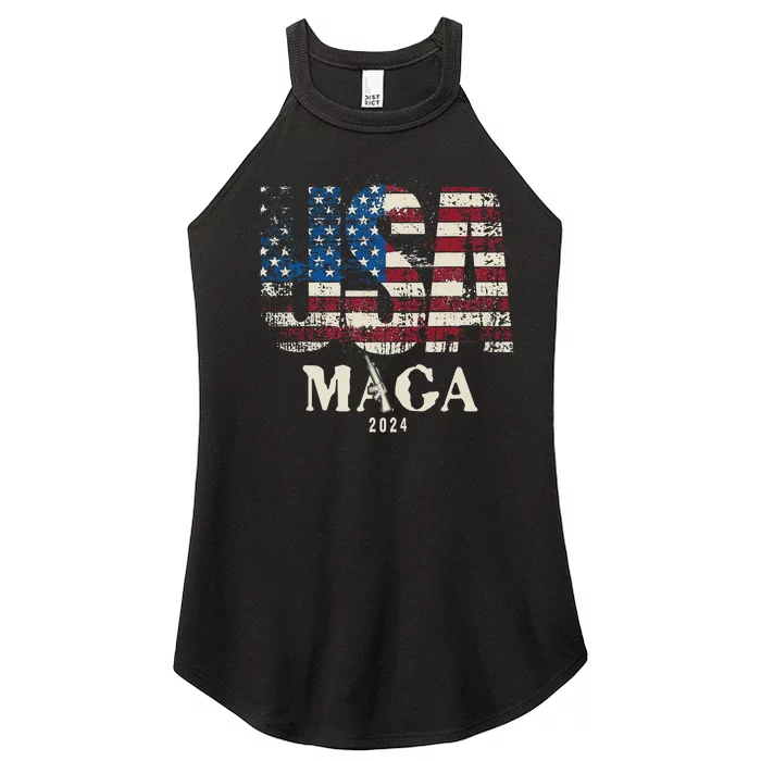 Vintage Usa Flag Ultra Maga Gun Usa 4th Of July Trump 2024 Women’s Perfect Tri Rocker Tank