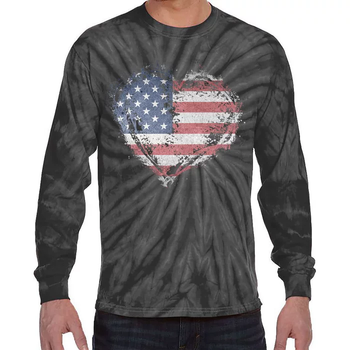 Vintage Usa Heart Shape American Flag Stylish Design Tie-Dye Long Sleeve Shirt