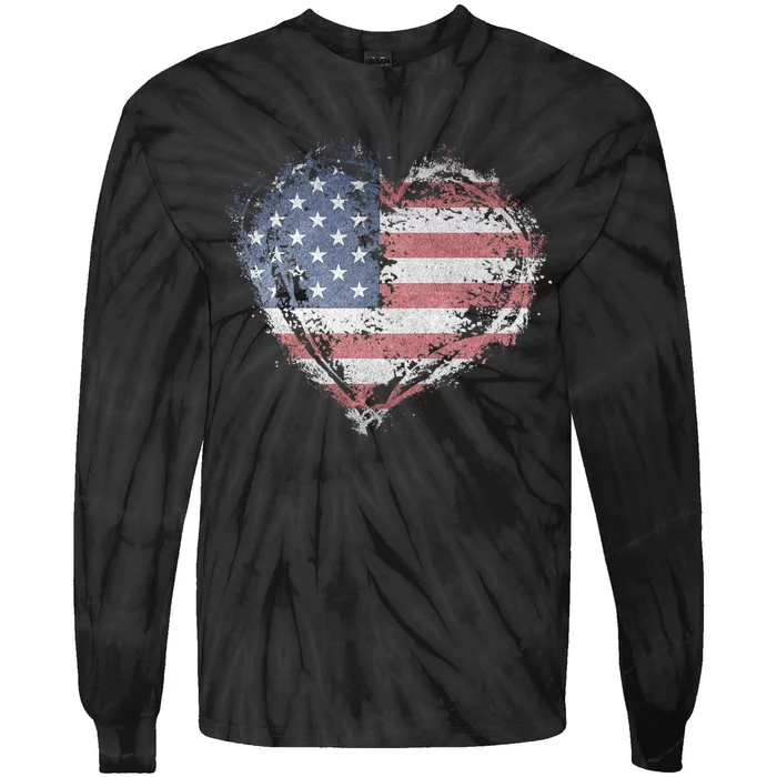 Vintage Usa Heart Shape American Flag Stylish Design Tie-Dye Long Sleeve Shirt