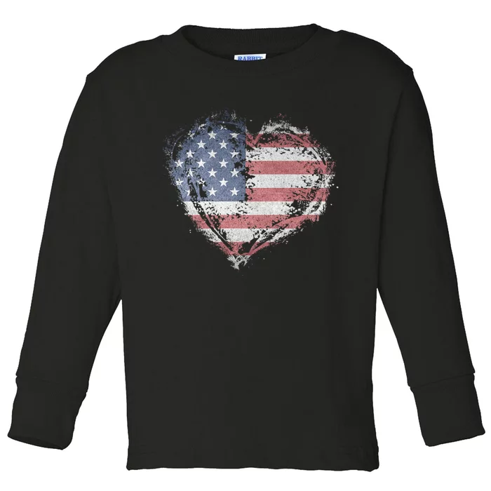 Vintage Usa Heart Shape American Flag Stylish Design Toddler Long Sleeve Shirt