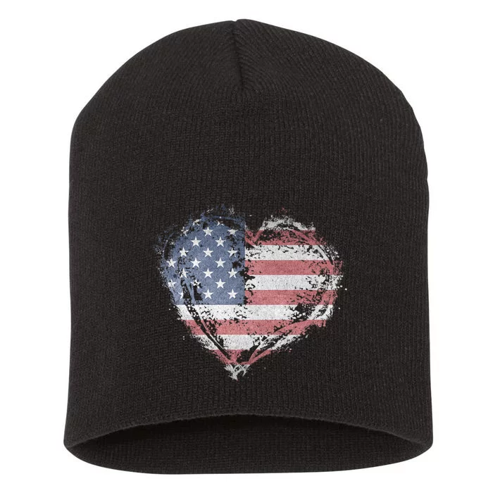 Vintage Usa Heart Shape American Flag Stylish Design Short Acrylic Beanie