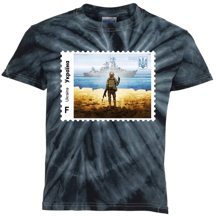 Vintage Ukraine Stamp Russian Warship Go F Yourself Ukrainian Flag Pride Kids Tie-Dye T-Shirt